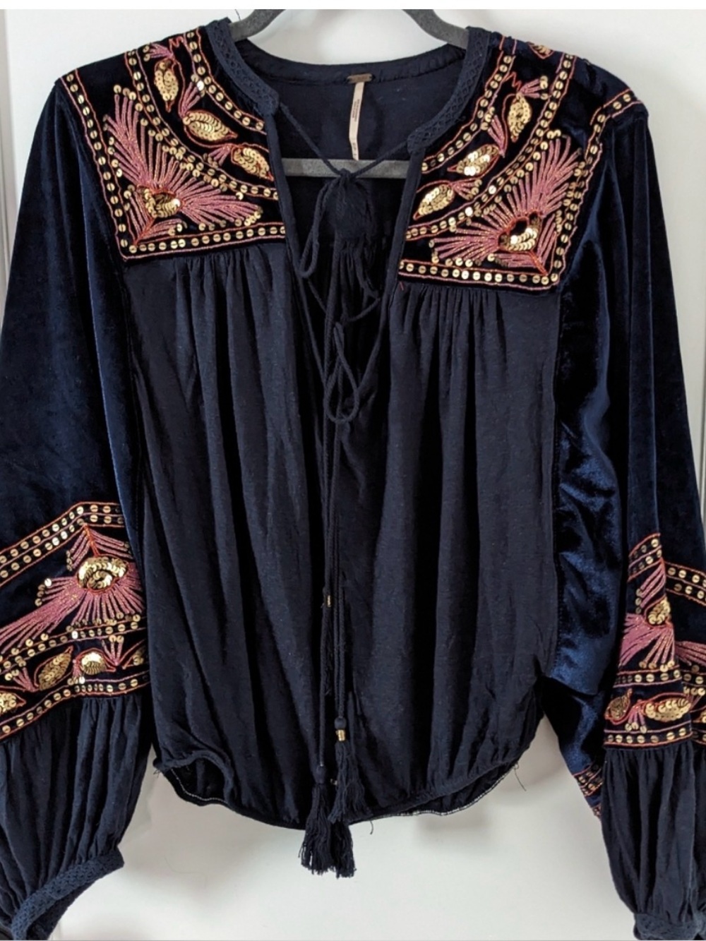 Free People Hearts Aflame Velvet Embroidered Blouse XS